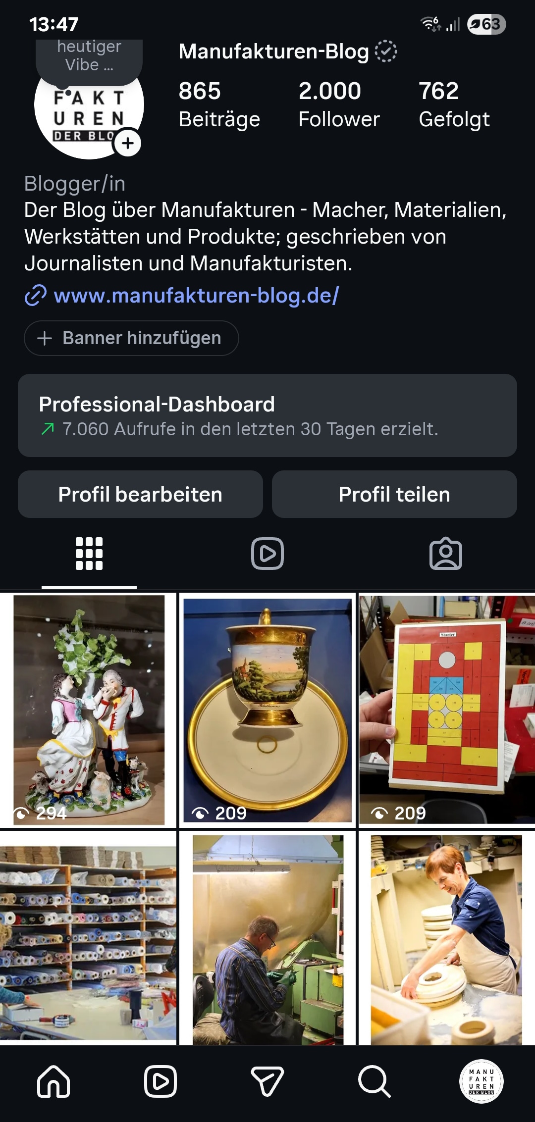 Manufakturen-Blog: Jubiläums-Screenshot - 2000 Abonnenten des Instagram-Kanals des Manufakturen-Blogs (Foto: Wigmar Bressel)